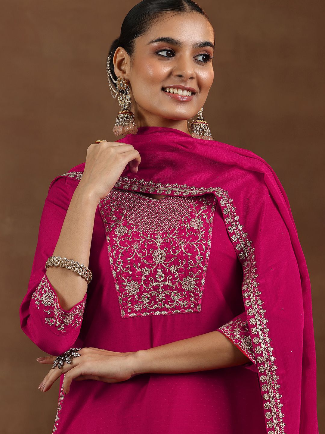 Libas Floral Embroidered Kurta With Trousers & Dupatta