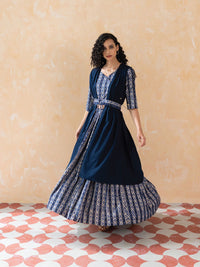W Women Blue Solid Gathered Cape with Ikkat Printed Crop Top and Skirt Co-ord Set
