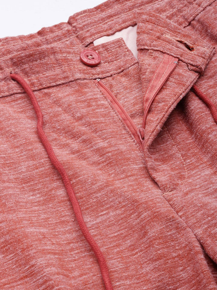 The Indian Garage Co Men Rust Red Melange Effect Slim Fit Trousers