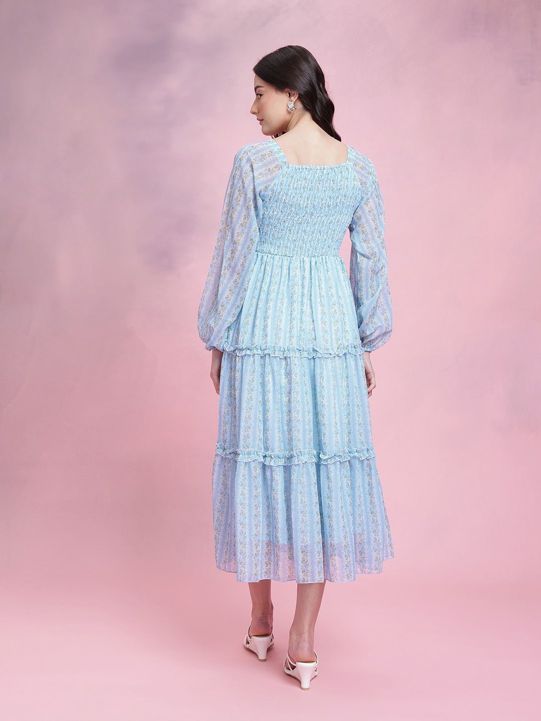 DressBerry Floral Print Smocked Ruffled Tiered Midi Dress