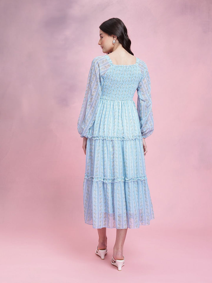 DressBerry Floral Print Smocked Ruffled Tiered Midi Dress