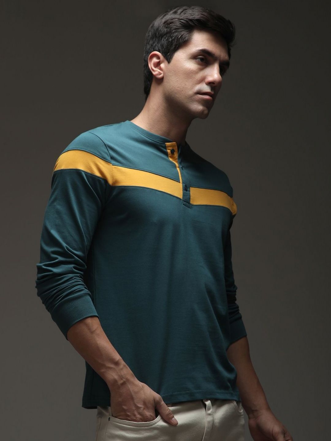 DILLINGER Men Striped Henley Neck Cotton T-shirt