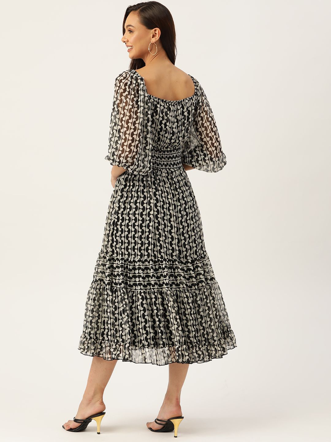 Antheaa Black & White Chiffon Printed Tiered Midi Dress