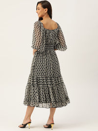 Antheaa Black & White Chiffon Printed Tiered Midi Dress