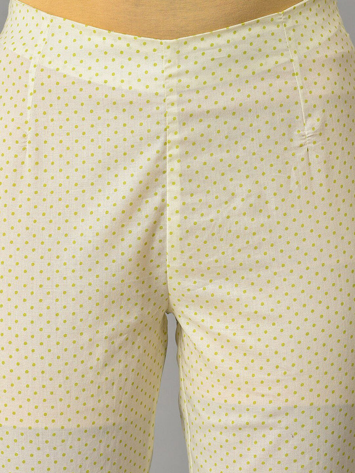 W Women White & Green Geometric Printed Mid Rise Pure Cotton Cropped Trousers