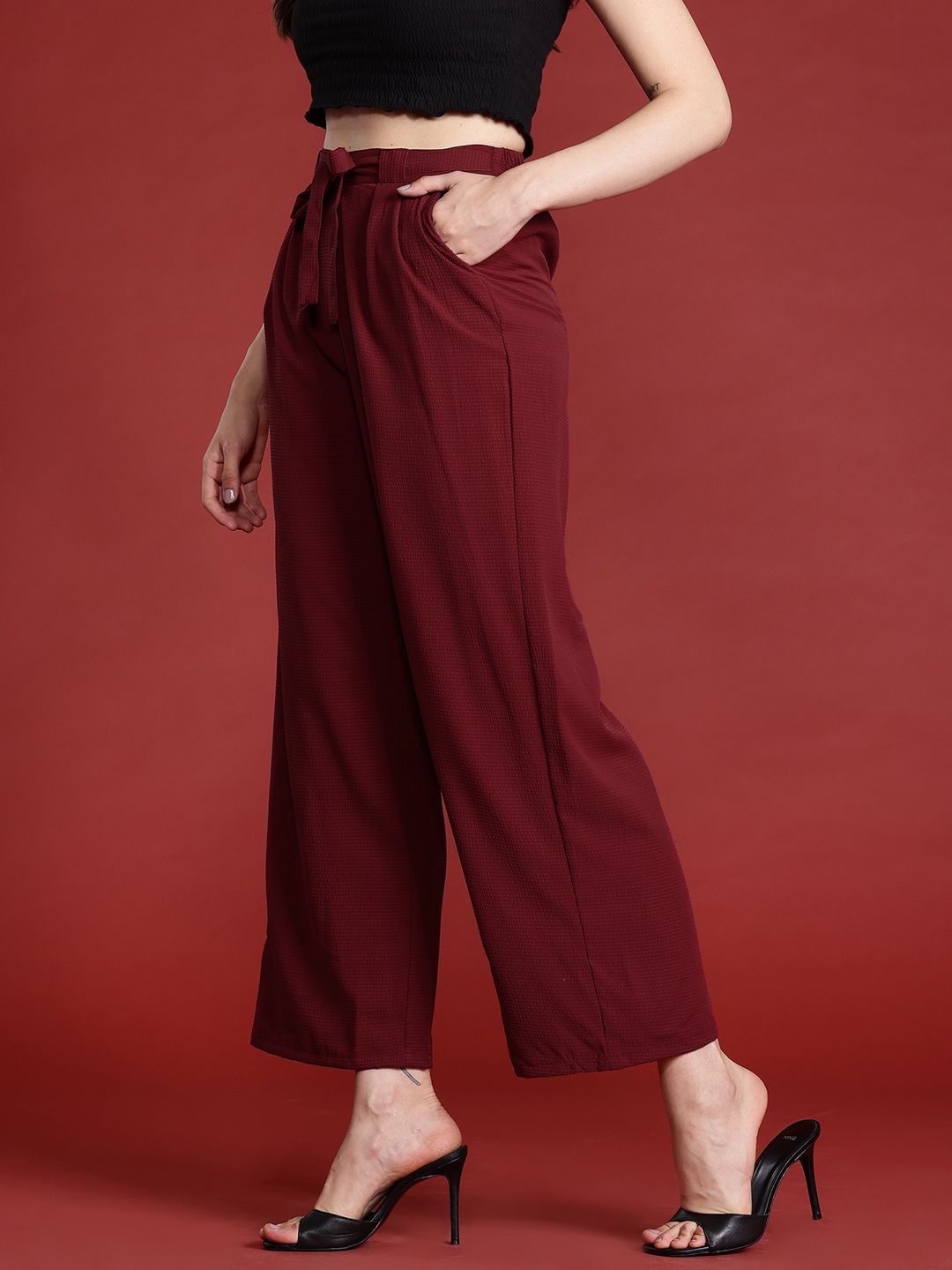 all about you Women Textured Pleated Trousers with Belt