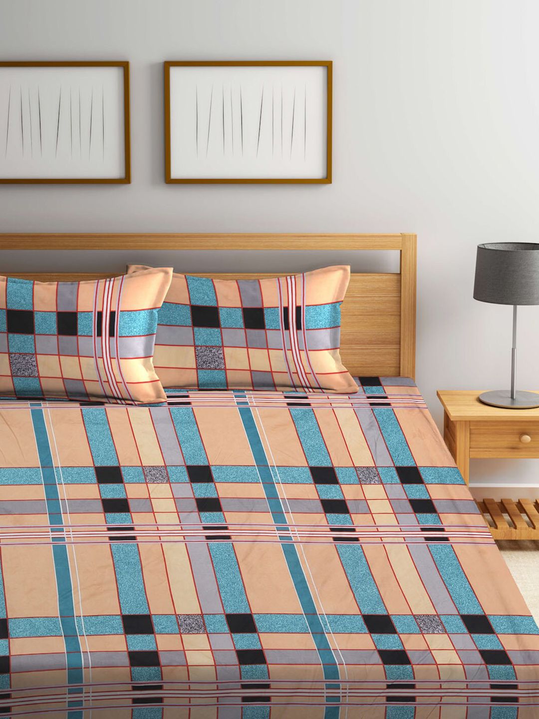 KLOTTHE Peach Geometric Polycotton 300 TC Dilengkapi Cadar King Halus dengan 2 Sarung Bantal-98 x 87 inci