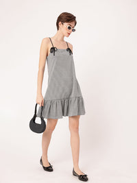 DressBerry Girly Touch Monochrome Strappy Bows Checked A-Line Mini Dress