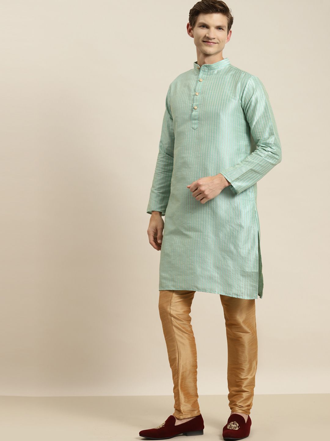 SOJANYA Kurta Hijau Laut Lelaki & Merah Karat dengan Jaket Churidar & Nehru