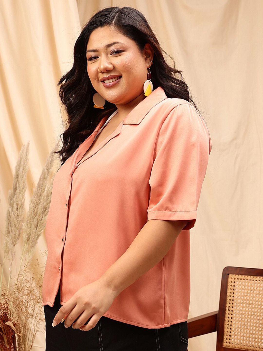 CURVY STREET Rust Comfort Satin Spread Collar Curved Casual Shirt