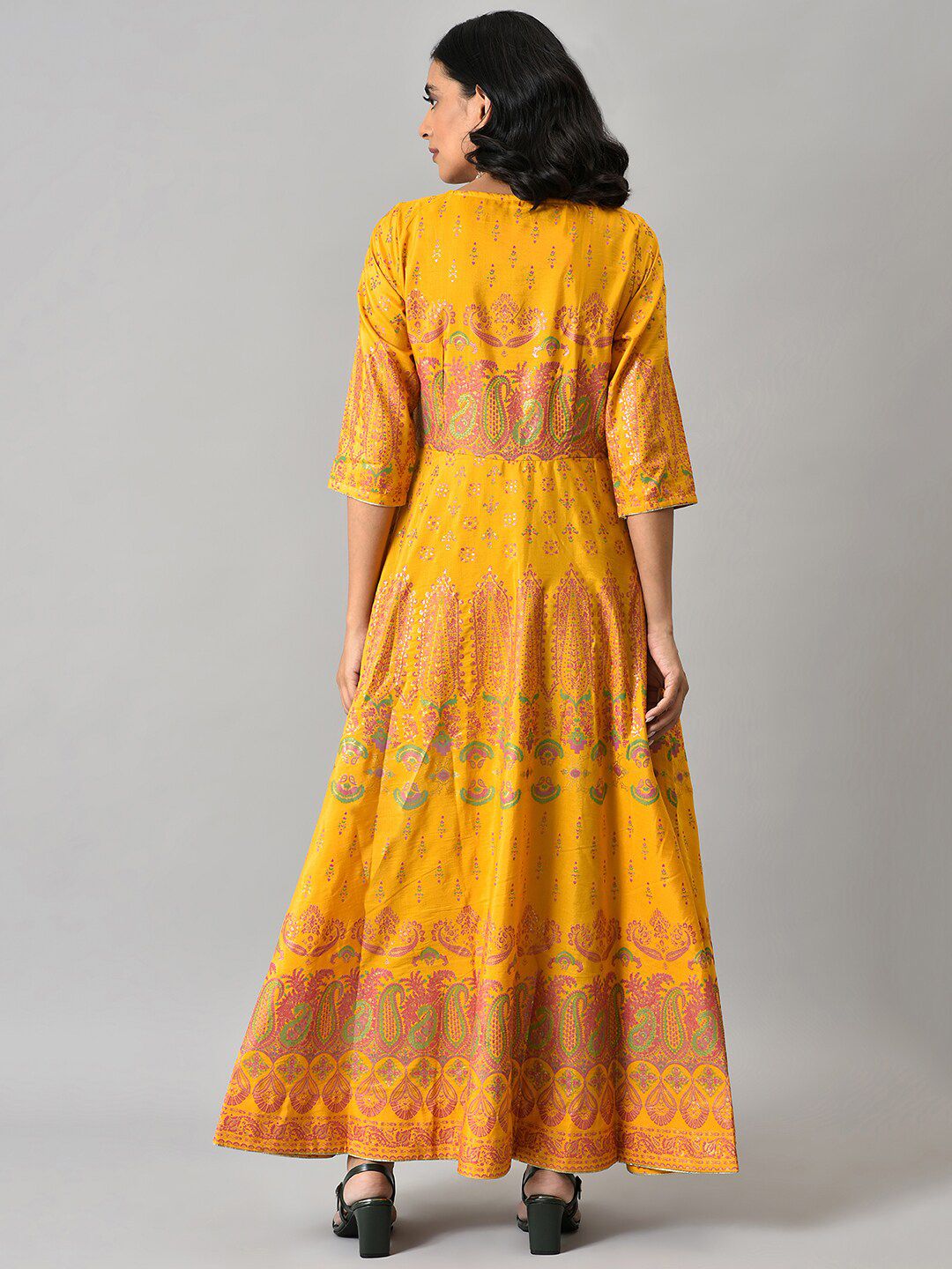 W Women Yellow & Pink Printed Polyester Ethnic Maxi Dress