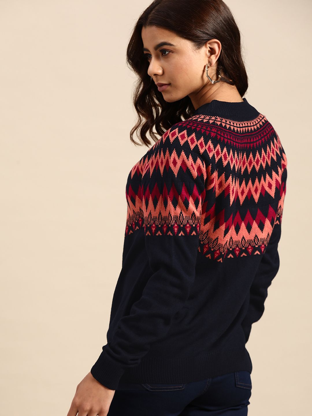 all about you Women Navy Blue & Pink Fair Isle Pattern Pullover