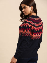 all about you Women Navy Blue & Pink Fair Isle Pattern Pullover
