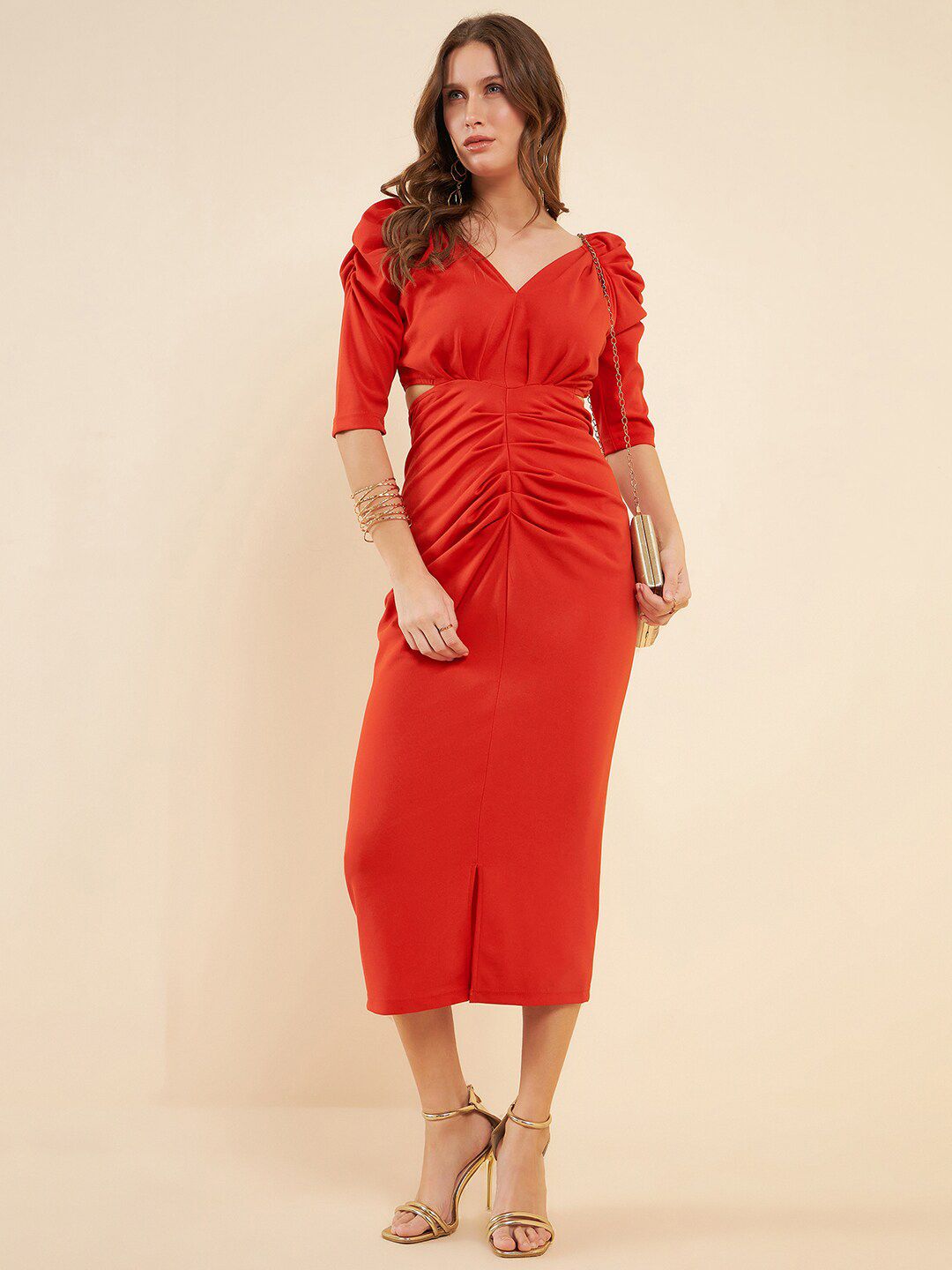 Antheaa Orange-Coloured V-Neck Cut-Out Detailed Ruched Sheath Midi Dress