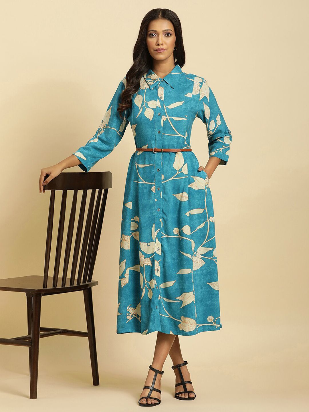 W Floral Printed Belted Detailed Shirt Collar Shirt Style Dress