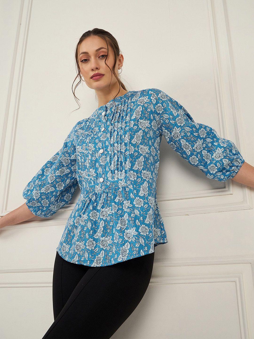 Antheaa Floral Print Mandarin Collar Pure Cotton Puff Sleeves Top