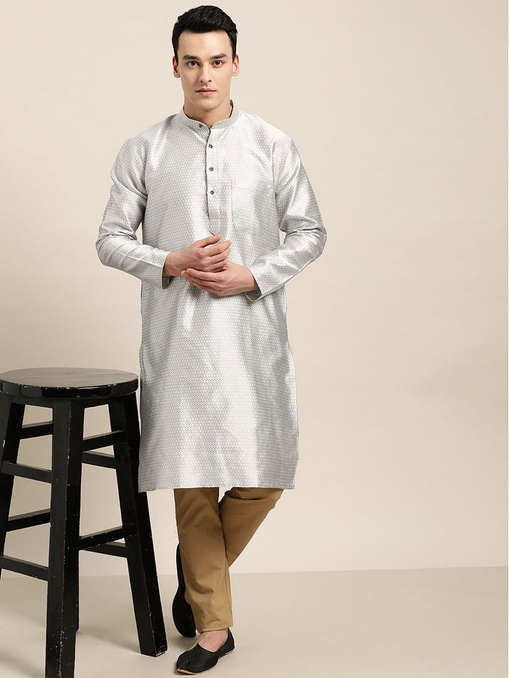 SOJANYA Kurta Lurus Rekaan Tenunan Perak Lelaki