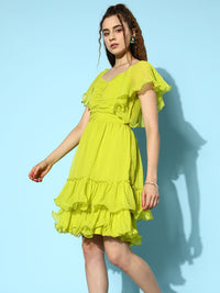 Antheaa Self Design Flutter Sleeve Ruffled Chiffon Fit & Flare Dress