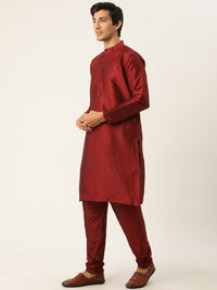 SOJANYA Men Maroon Solid Kurta with Churidar & Nehru Jacket