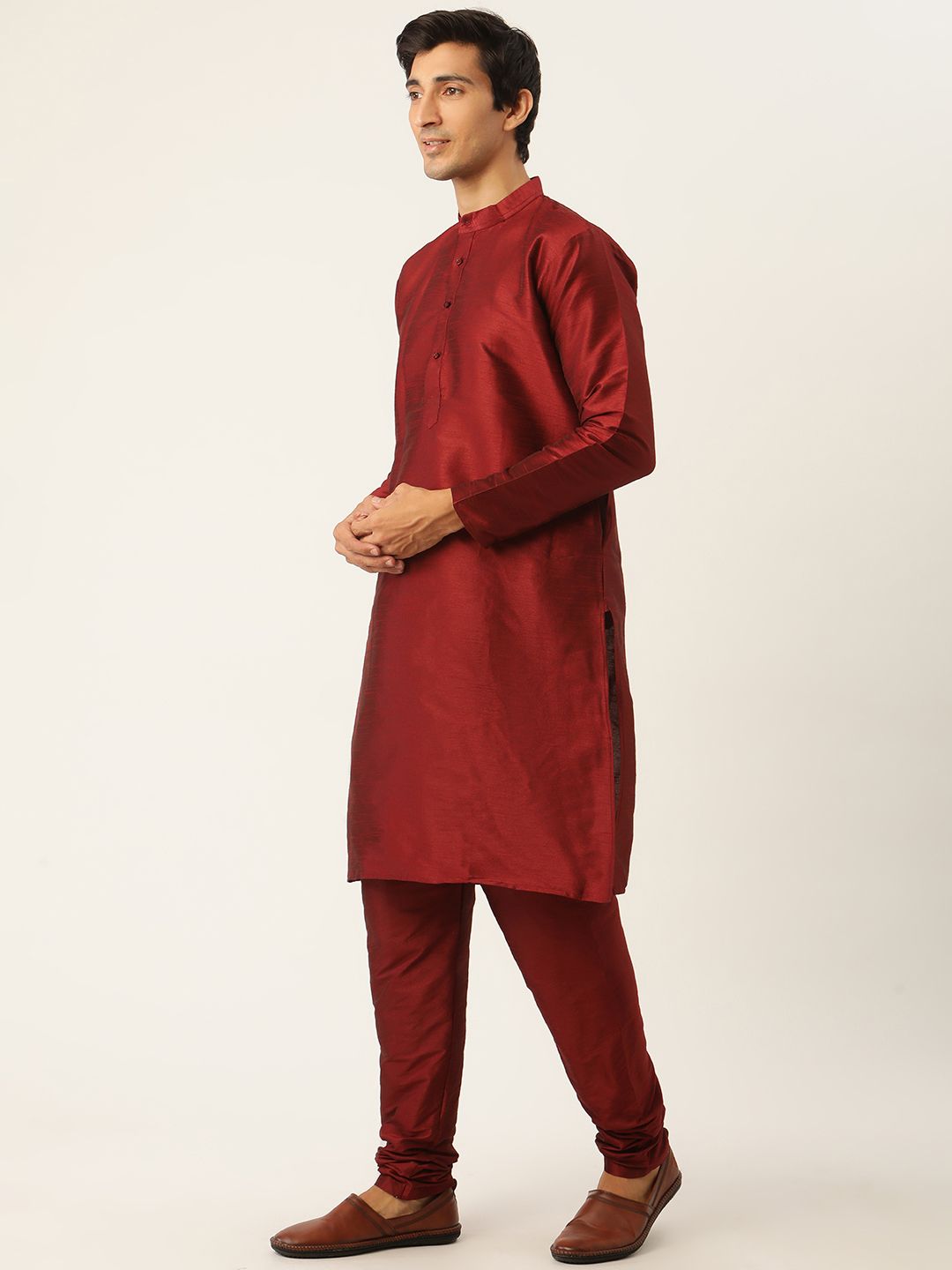 SOJANYA Men Maroon Solid Kurta with Churidar & Nehru Jacket