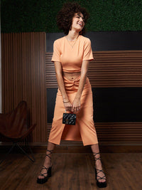 Athena Peach-Coloured Round Neck Short Sleeves Cut-Outs Sheath Midi Dress
