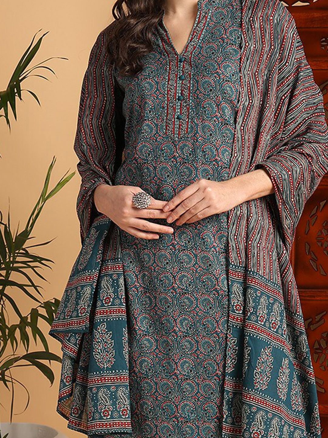 KALINI Ethnic Motifs Printed Mandarin Collar Kurta With Trousers & Dupatta