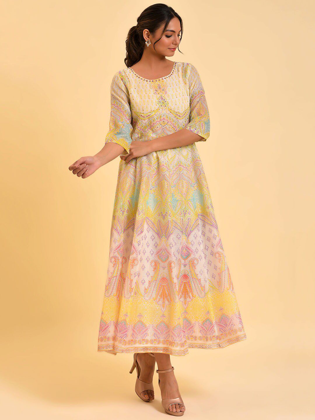 W Off White Ethnic Motifs Printed Fit & Flare Midi Dress