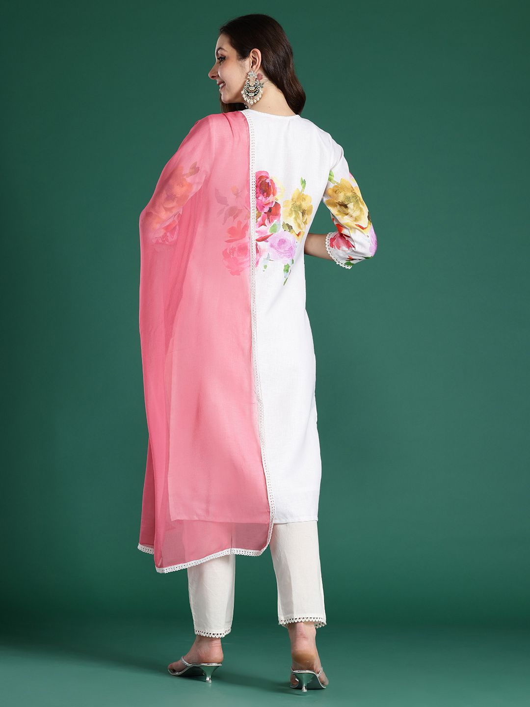 Indo Era Floral Printed Beads and Stones Linen Kurta with Trousers & With Dupatta