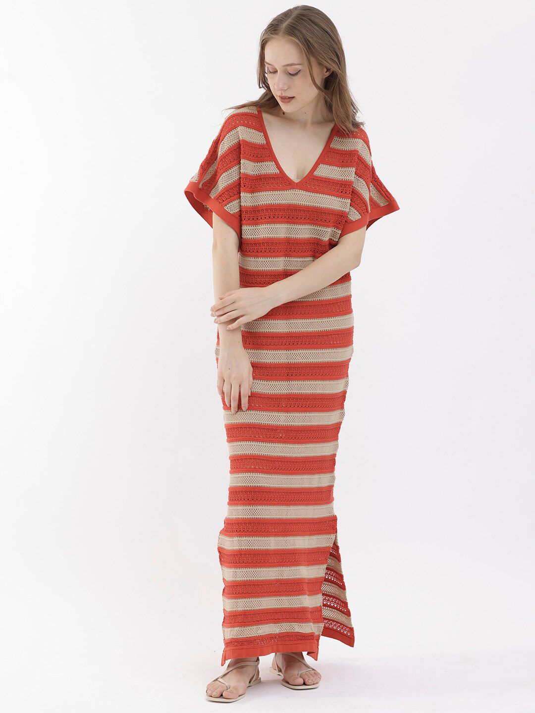 RAREISM Striped V-Neck Short Sleeves Cotton Maxi Dress