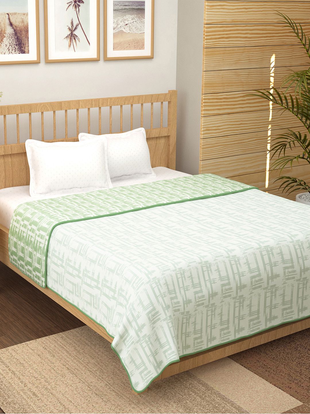 Story@home White & Green Printed AC Room 150 GSM Reversible Cotton Double Bed Dohar