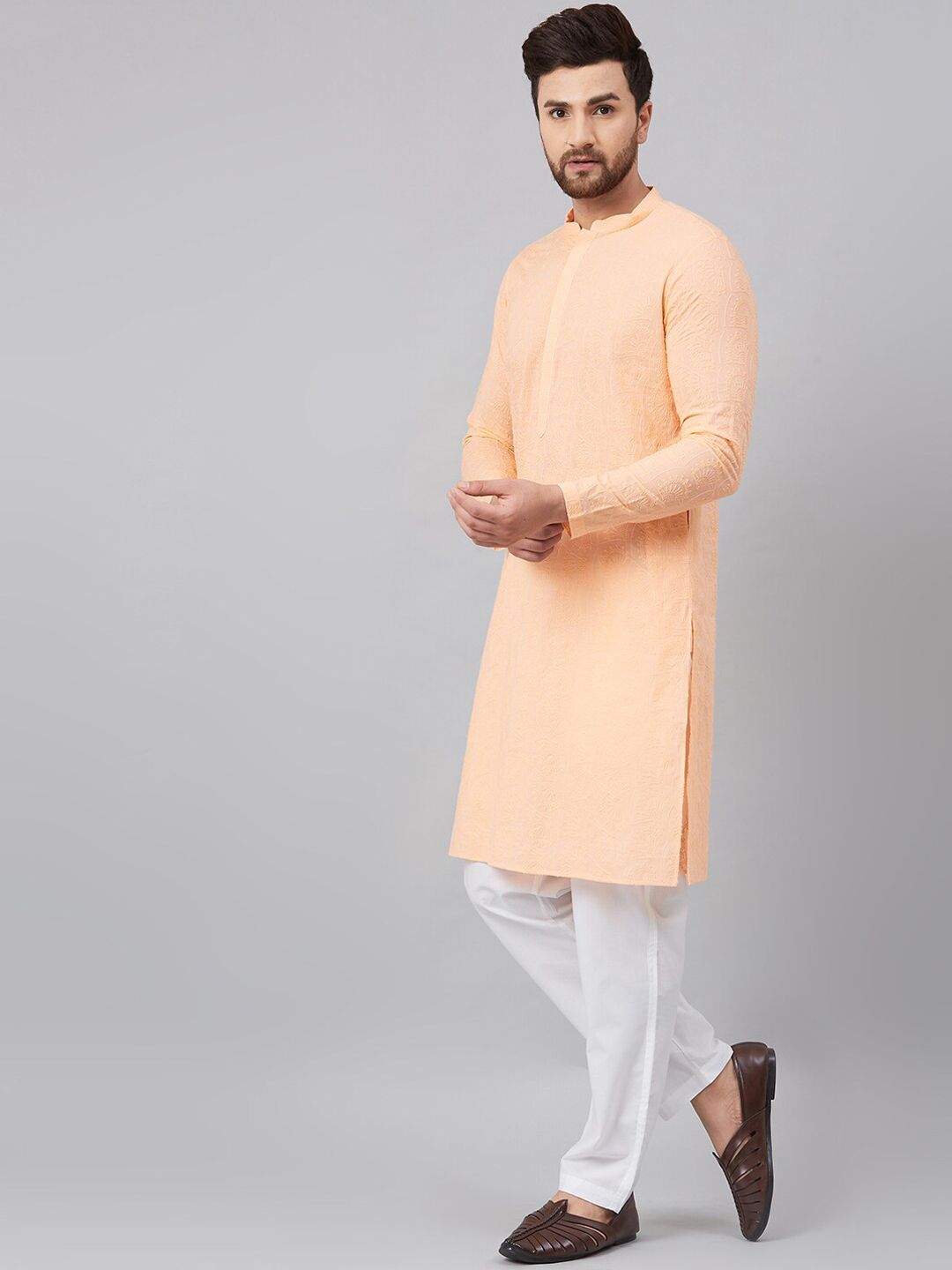 See Designs Men Peach-Coloured Thread Work Kurta
