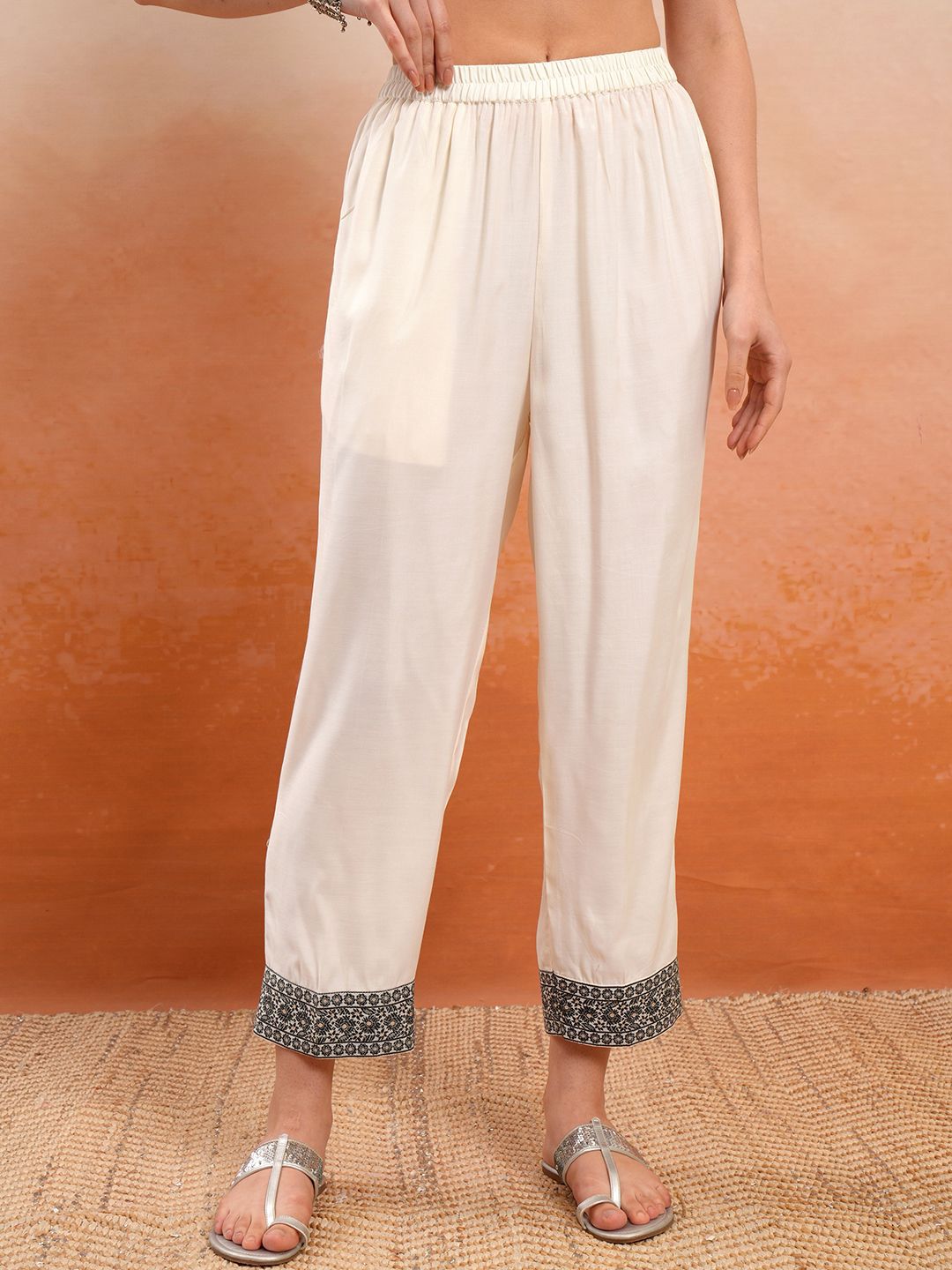 Vishudh Cream Coloured Thread Work Pure Cotton Straight Kurta With Trousers & Dupatta