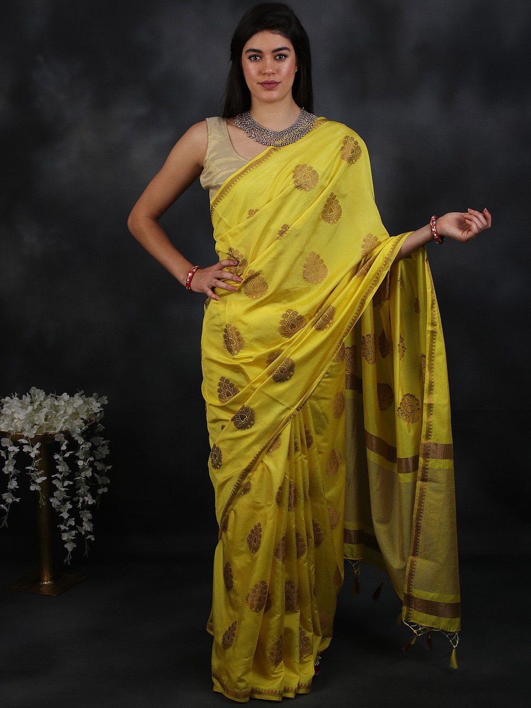 Exotic India Empire Yellow Woven Gold Bootis Pattu Saree With Horizontal Zari Work Pallu
