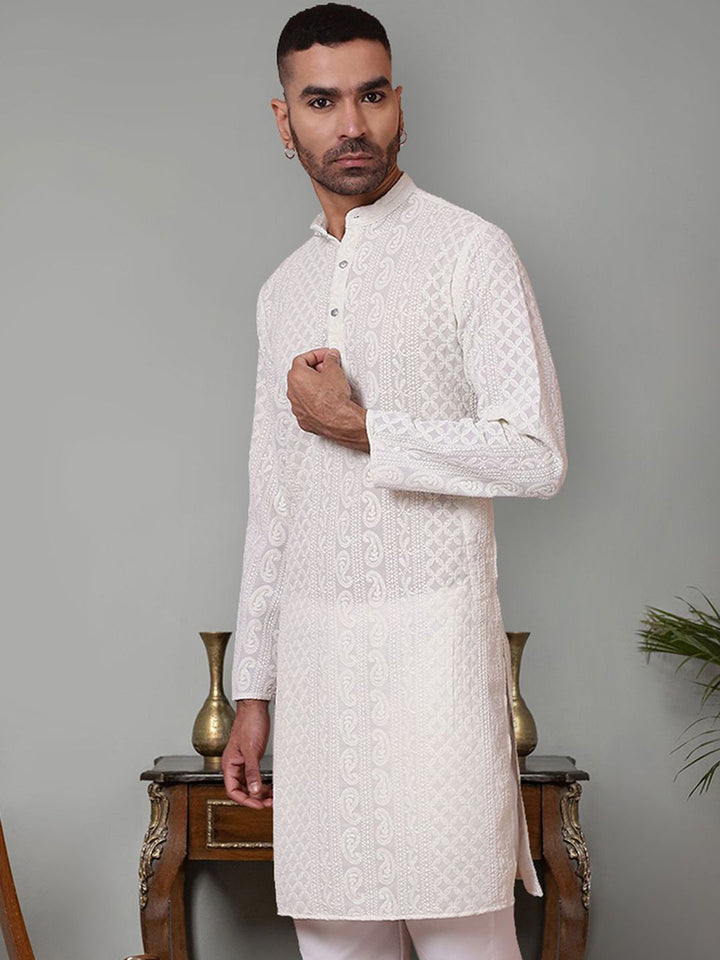 Jompers Men Geometric Flared Sleeves Chikankari Georgette Kurta