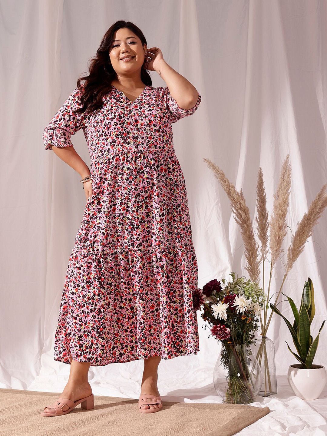 CURVY STREET Plus Size Animal Print V-Neck Long Sleeves Fit & Flare Dress