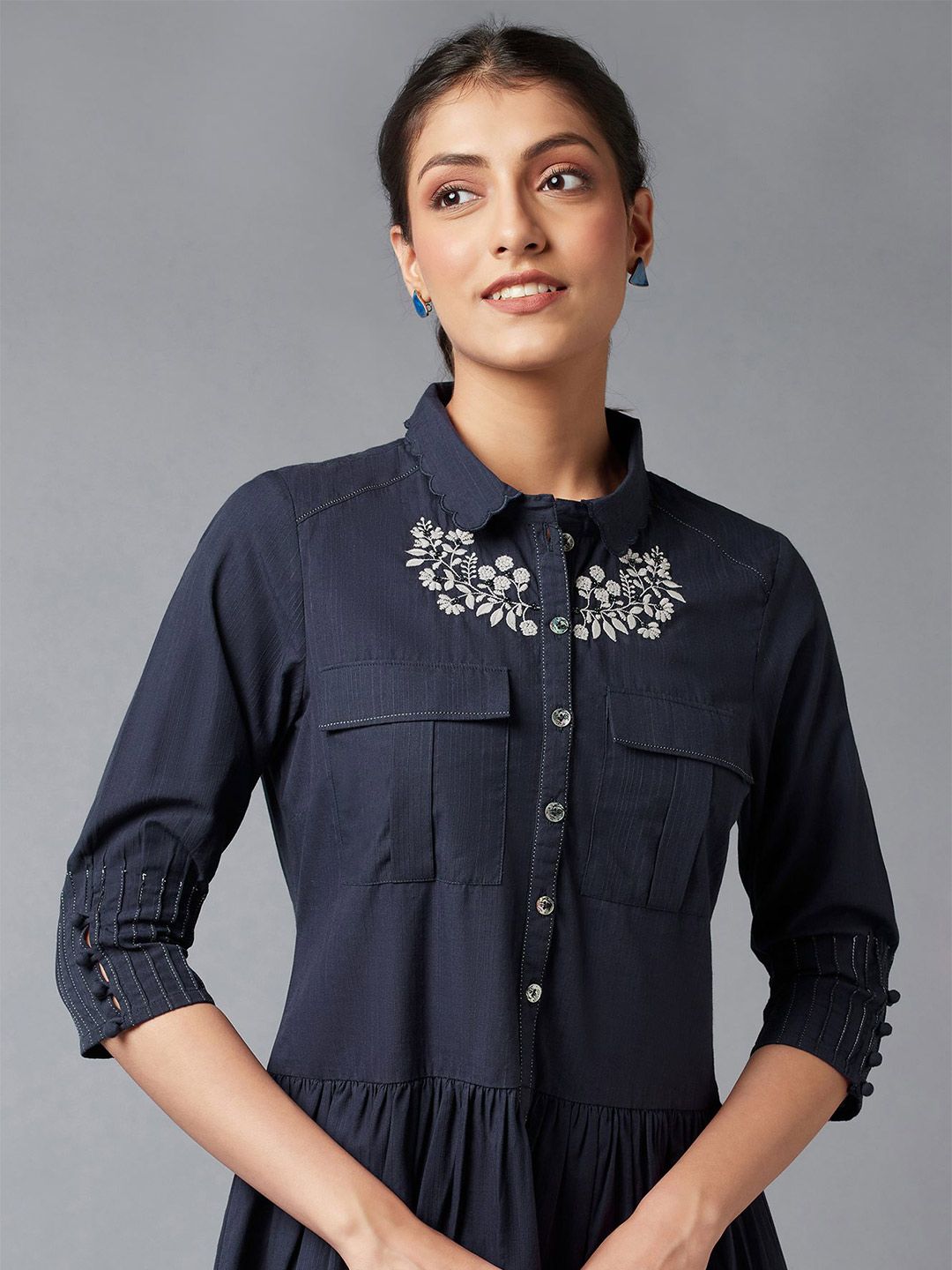 W Women Blue & White Embroidered A-Line Midi Dress