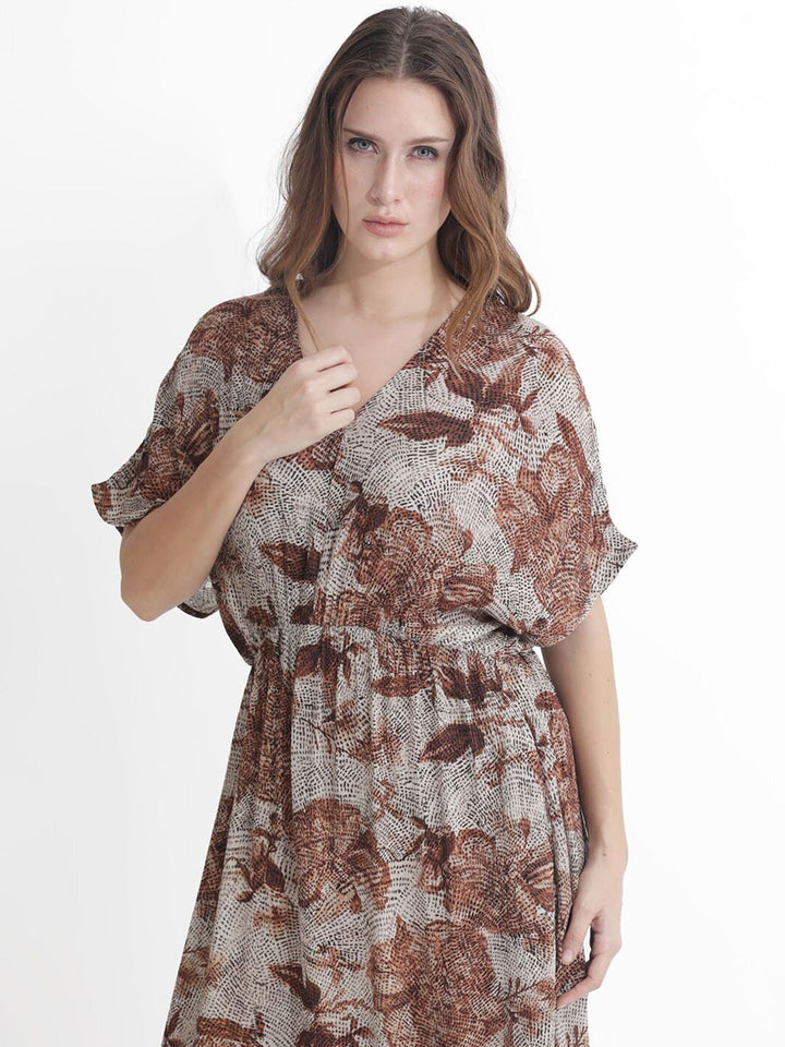 Rareism Abstract Printed V-Neck Fit and Flare Maxi Dress