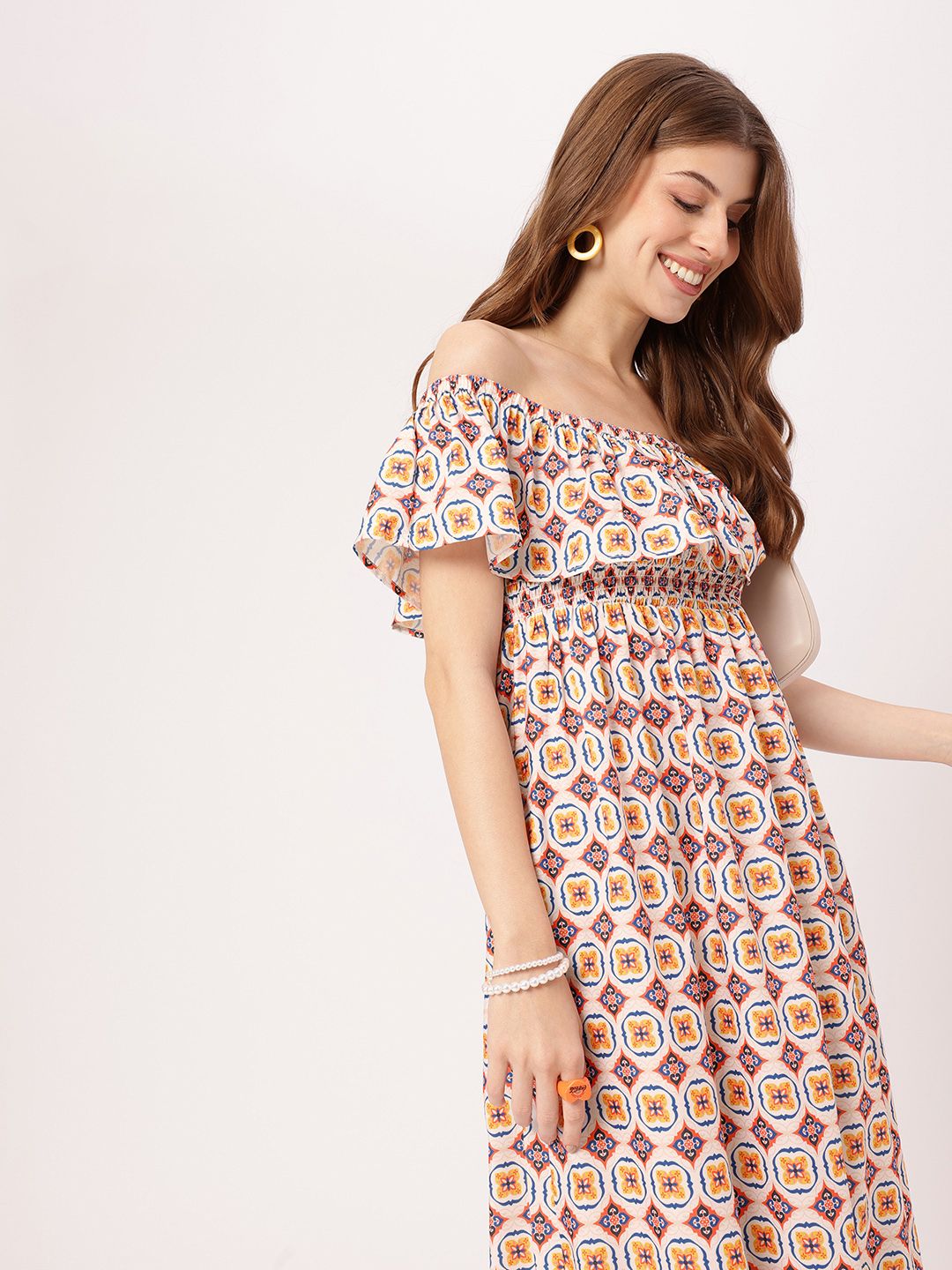 Boho Fetish Vibe Off Shoulder Smocked Midi Dress