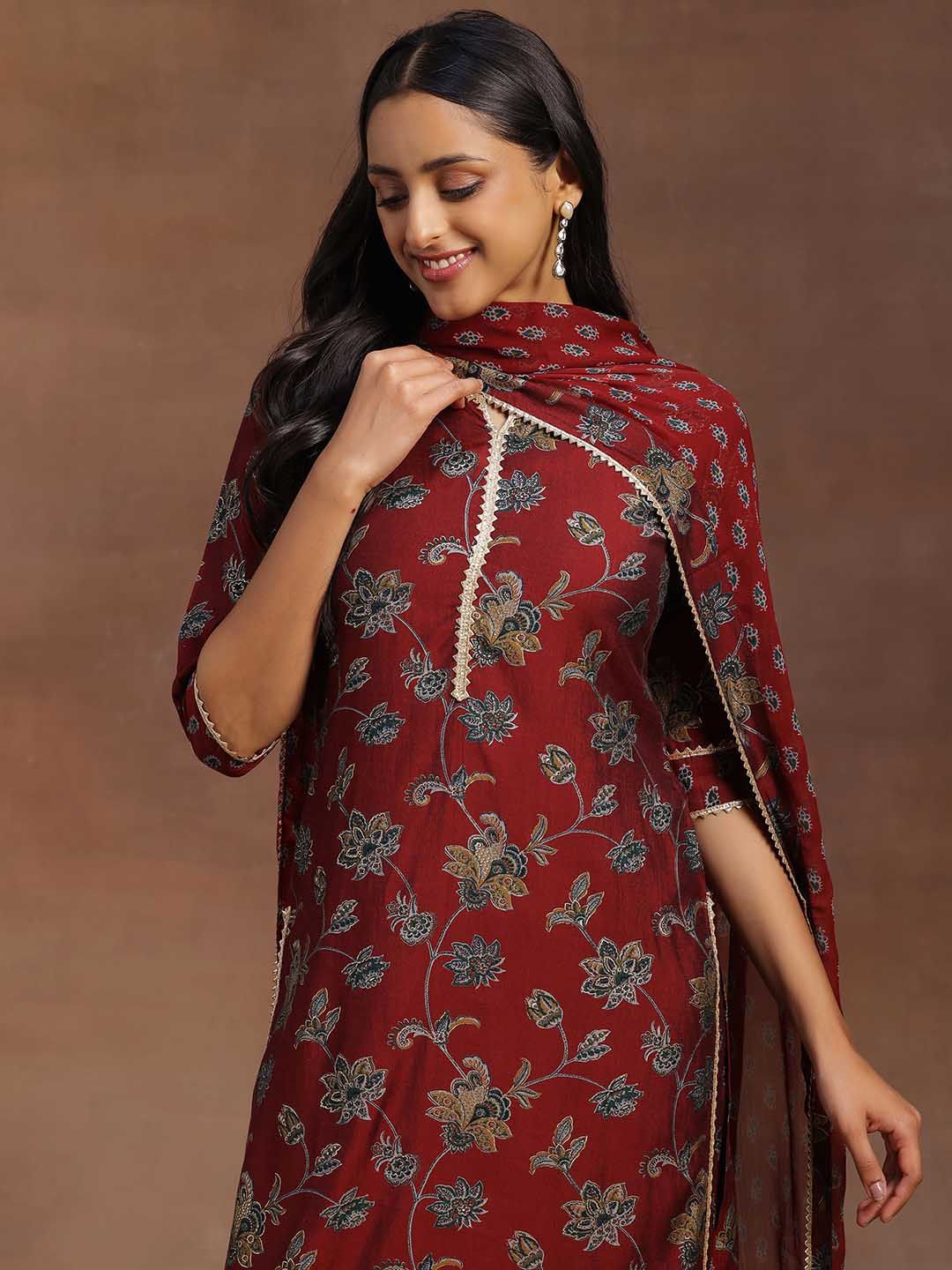 Libas Women Maroon & Green Floral Print Kurta with Palazzos & Dupatta