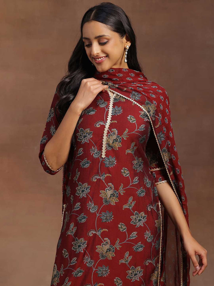 Libas Women Maroon & Green Floral Print Kurta with Palazzos & Dupatta