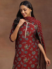 Libas Women Maroon & Green Floral Print Kurta with Palazzos & Dupatta