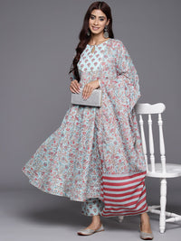 Libas Women Floral Printed Pleated Gotta Patti Pure Cotton Kurta with Trousers & Dupatta