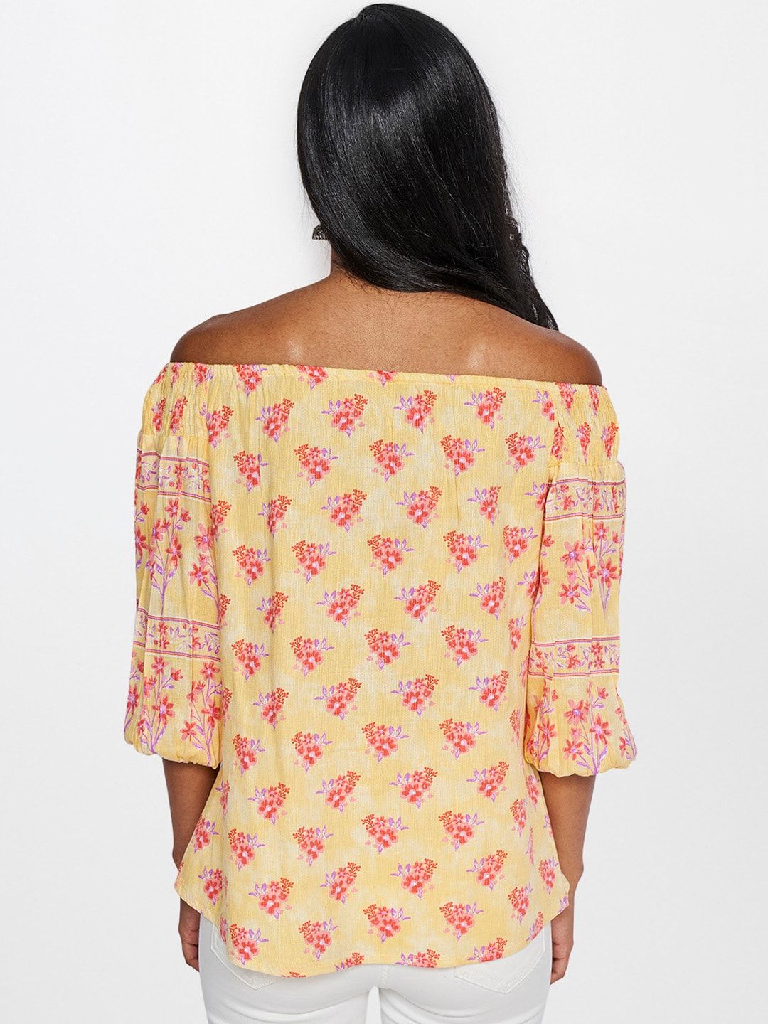 Global Desi Women Yellow & Pink Floral Printed Off-Shoulder Top