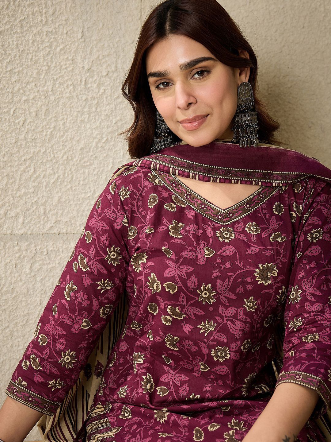 Indo Era Floral Printed V Neck Pure Cotton Kurta With Salwar & Dupatta