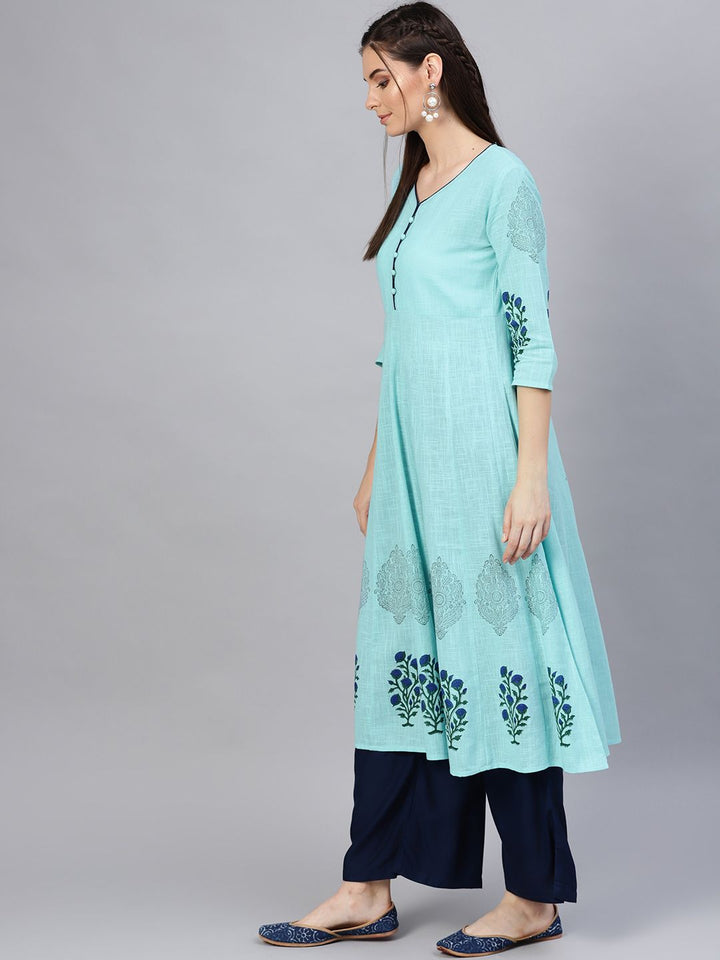 SOJANYA Women Blue Block Print Anarkali Kurta
