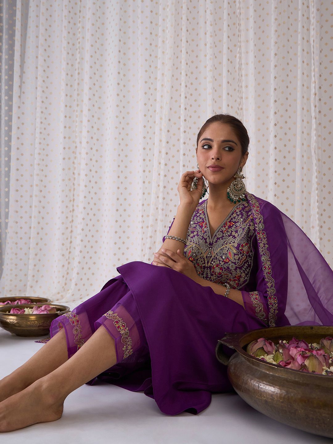 Indo Era Floral Embroidered V-Neck Liva Kurta with Trousers & Dupatta