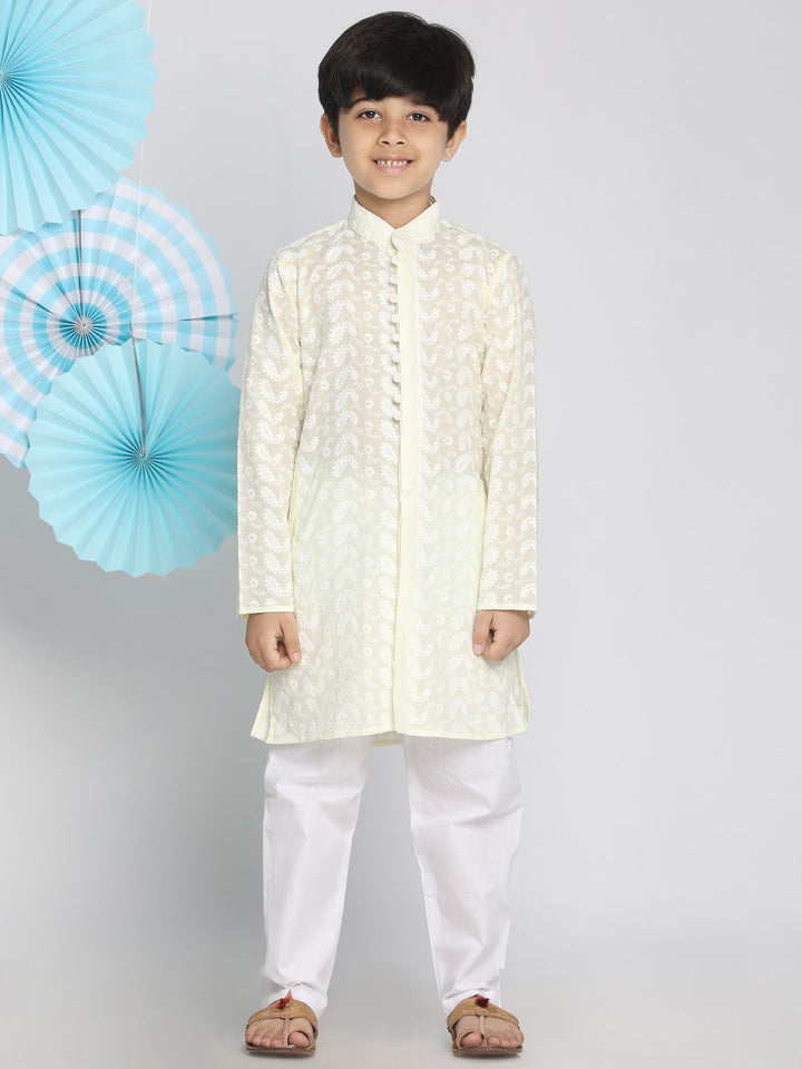 VASTRAMAY Boys Yellow & White Self Design Kurta with Pyjamas