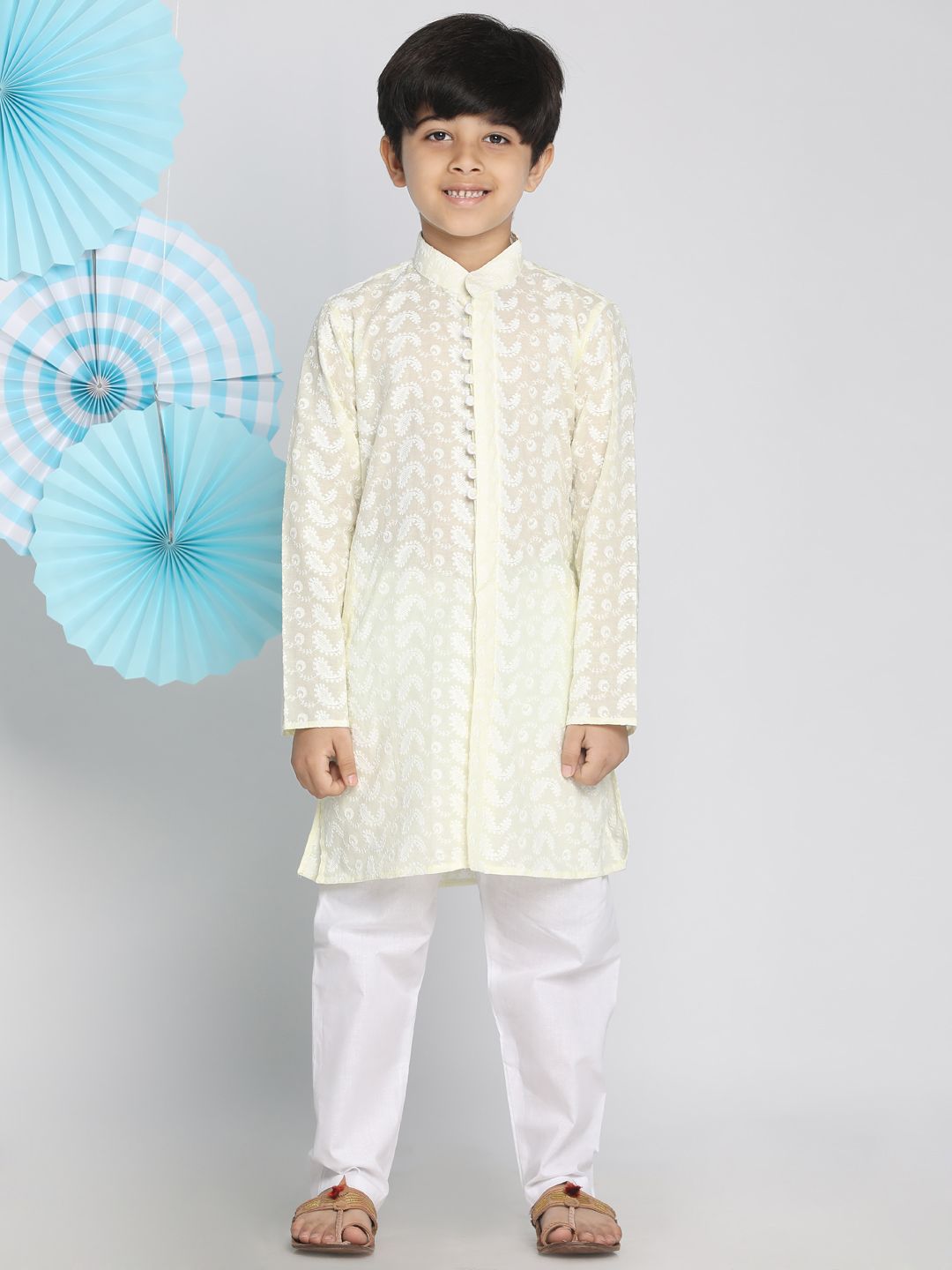 VASTRAMAY Boys Yellow & White Self Design Kurta with Pyjamas