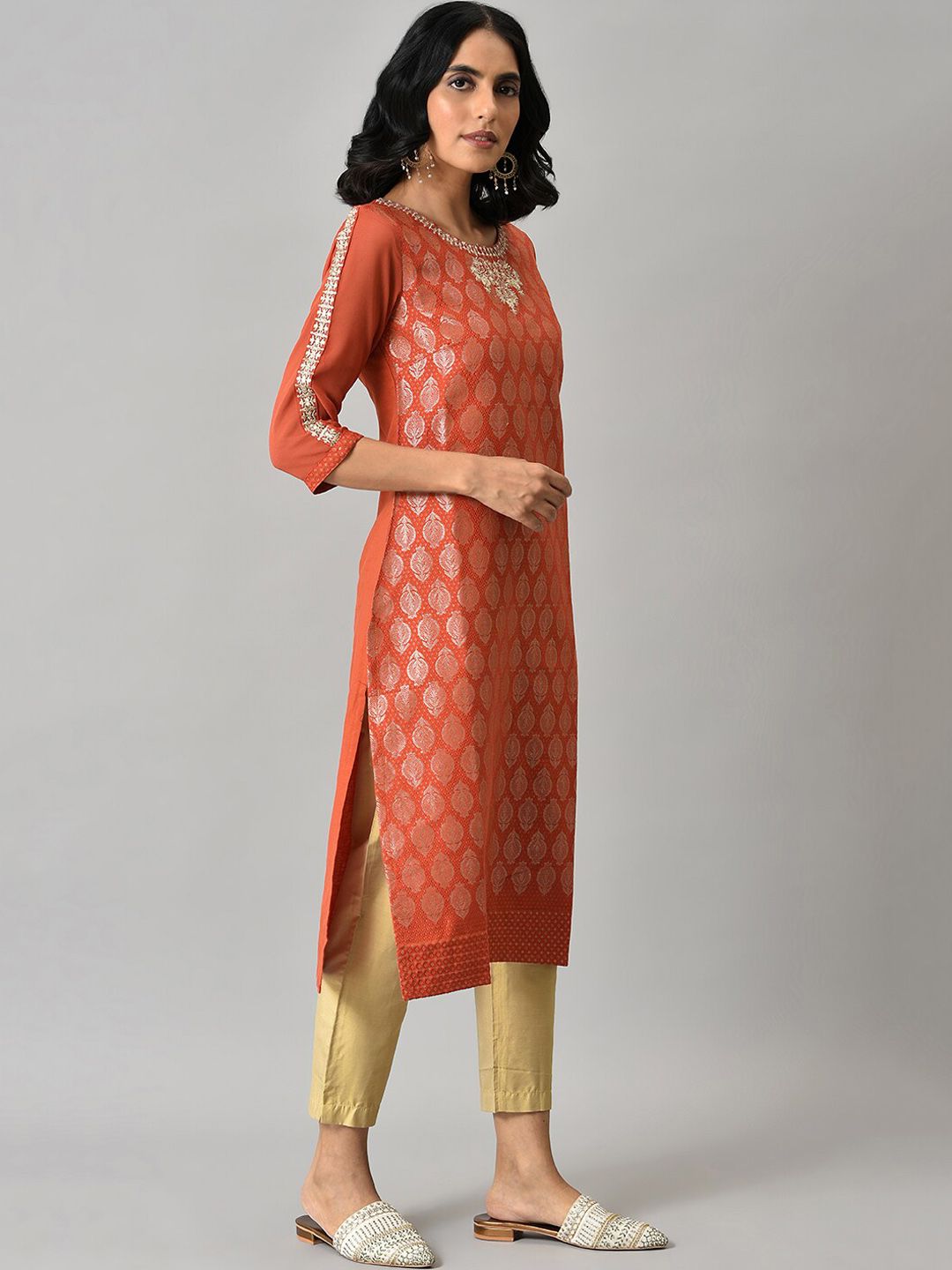 W Women Orange Ethnic Motifs Woven Design With Zari Work Kurta