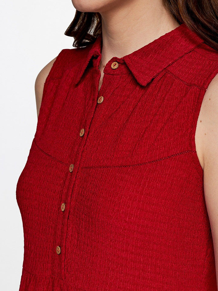 AND Self Design Collar Neck Sleeveless A-Line Dress